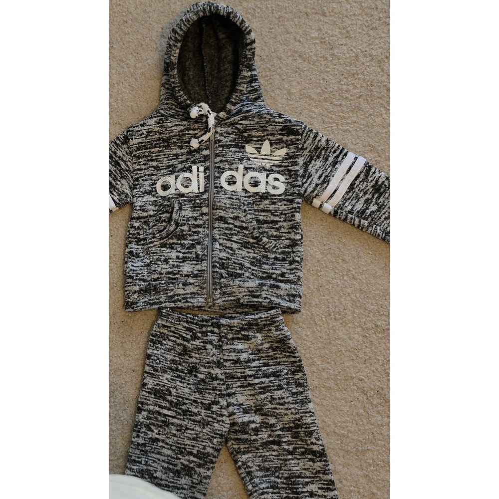 Adidas Originals Full Zip Hoodie Black White Marled Trefoil Logo Distressed